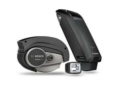 Bosch aktīvās līnijas ebike sistēma ar akumulatoru un displeju
